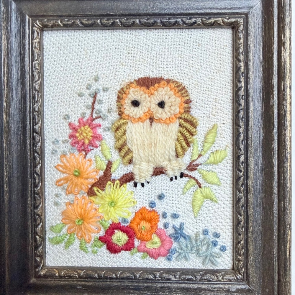 Vintage Hand Embroidered Owl Crewel Art Framed Floral Cottagecore Wall Decor